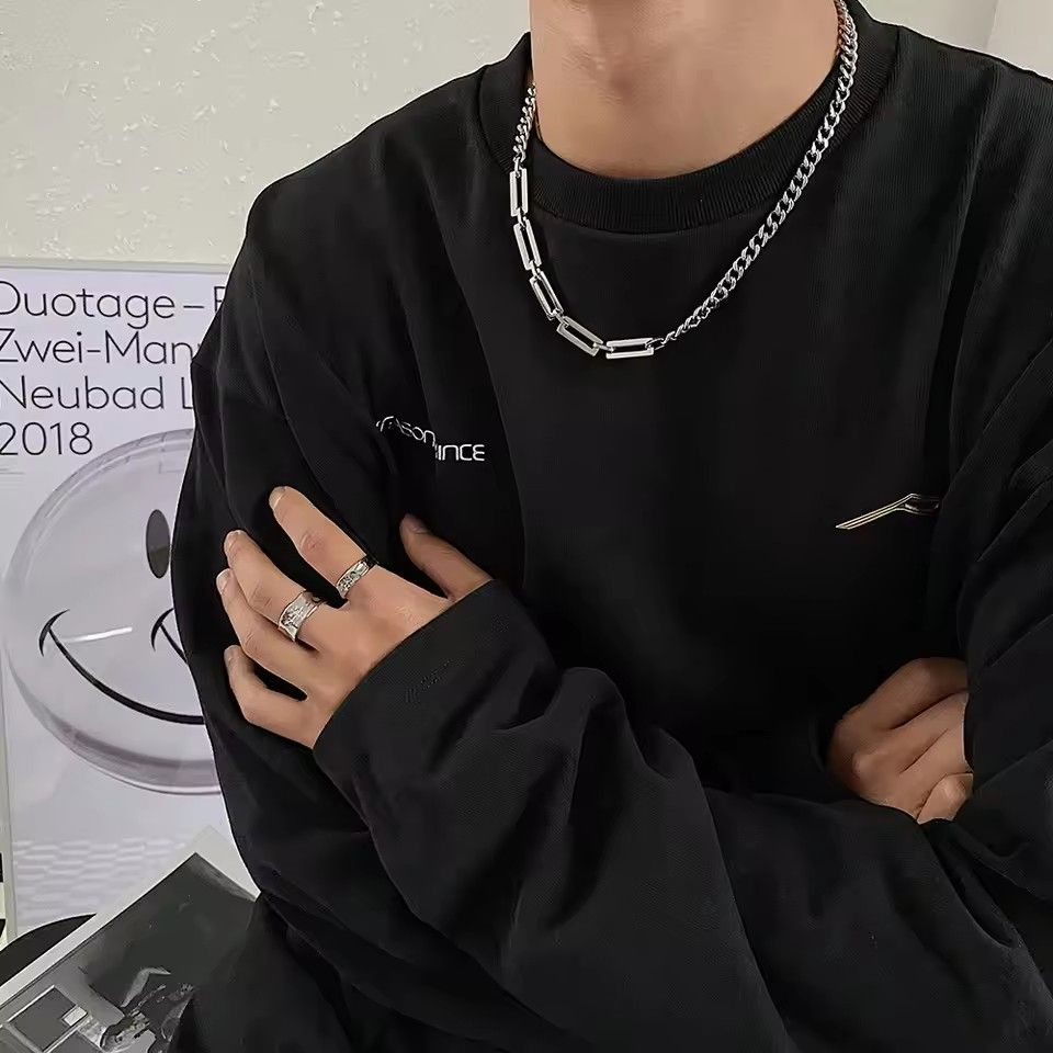 Trendy Stainless Steel Chain Splice Black Stone Pendant Necklace For Men 50CM+5CM Length Choker Male Neck Chains