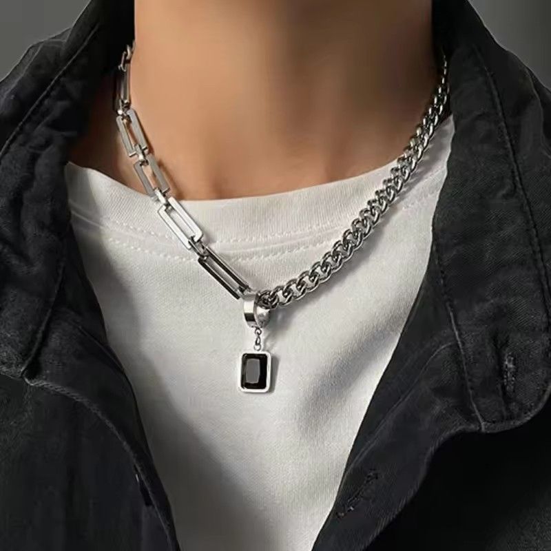 Trendy Stainless Steel Chain Splice Black Stone Pendant Necklace For Men 50CM+5CM Length Choker Male Neck Chains