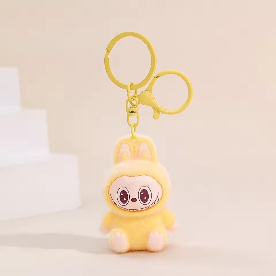 Sitting Labubu Doll Keychain External Implantation Fluff Pvc Toy Phone Ornaments Bag Charms Car Keychain Christmas Gifts
