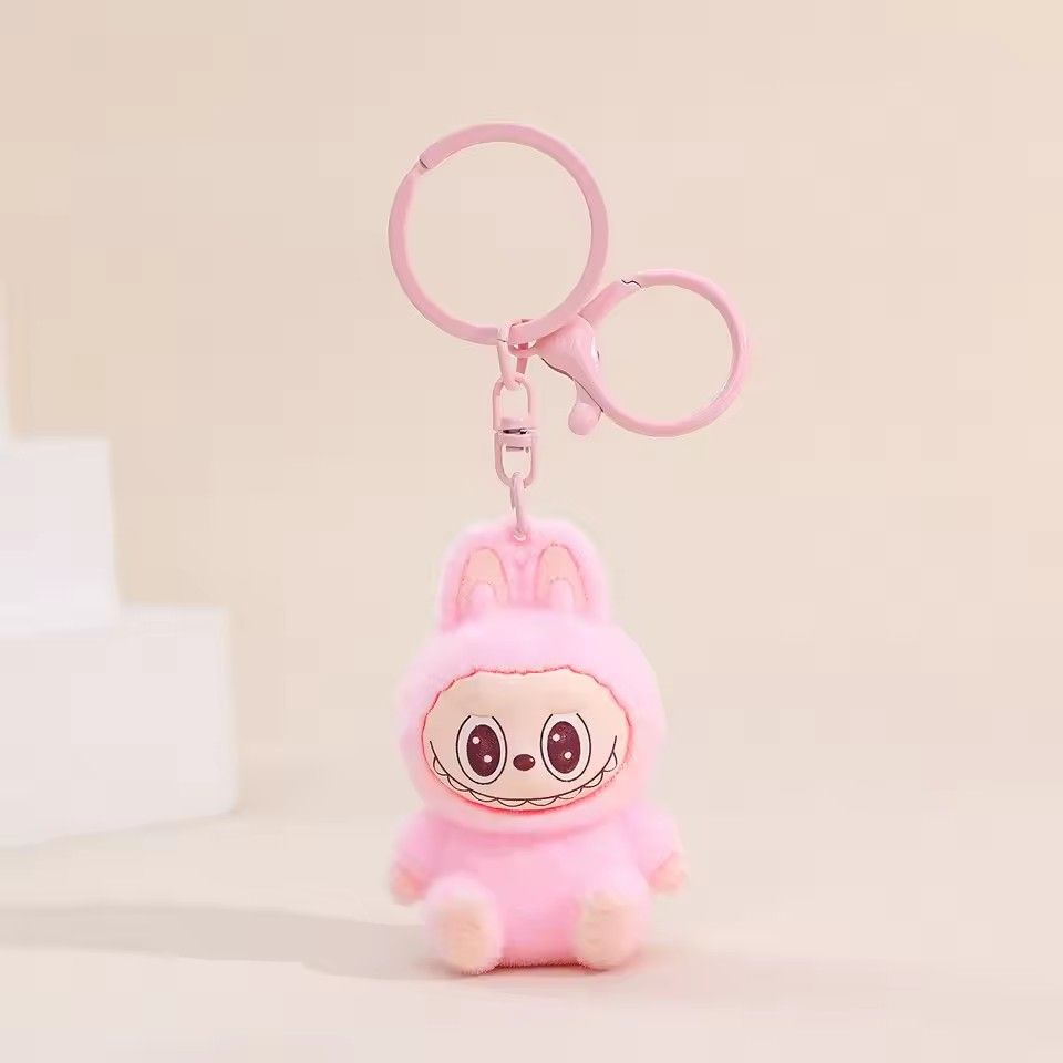 Sitting Labubu Doll Keychain External Implantation Fluff Pvc Toy Phone Ornaments Bag Charms Car Keychain Christmas Gifts
