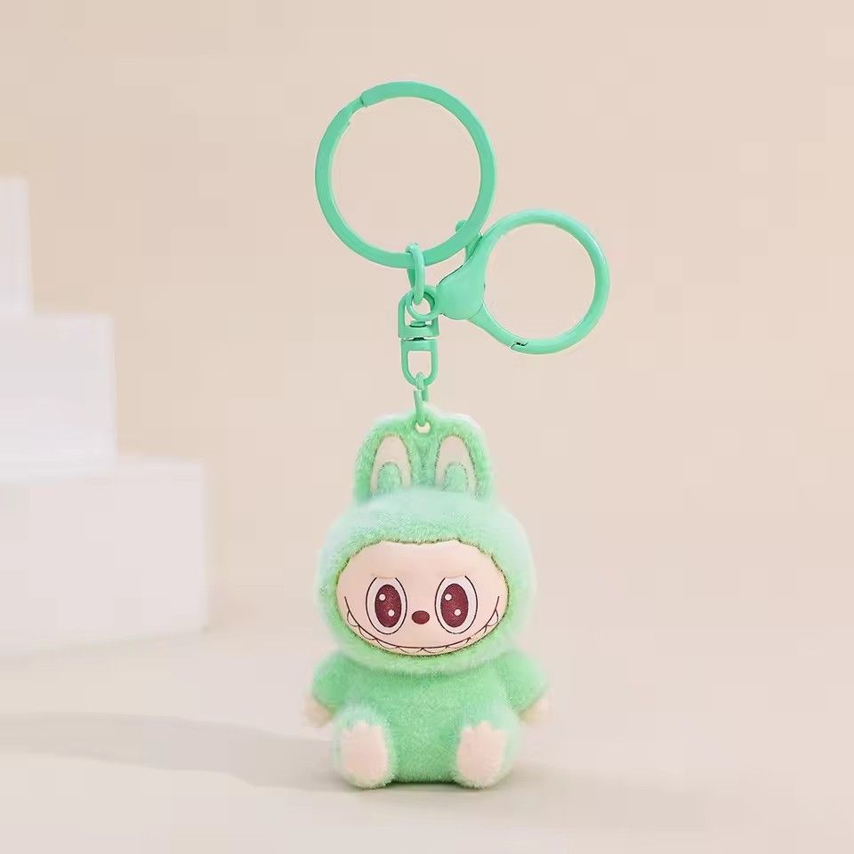 Sitting Labubu Doll Keychain External Implantation Fluff Pvc Toy Phone Ornaments Bag Charms Car Keychain Christmas Gifts