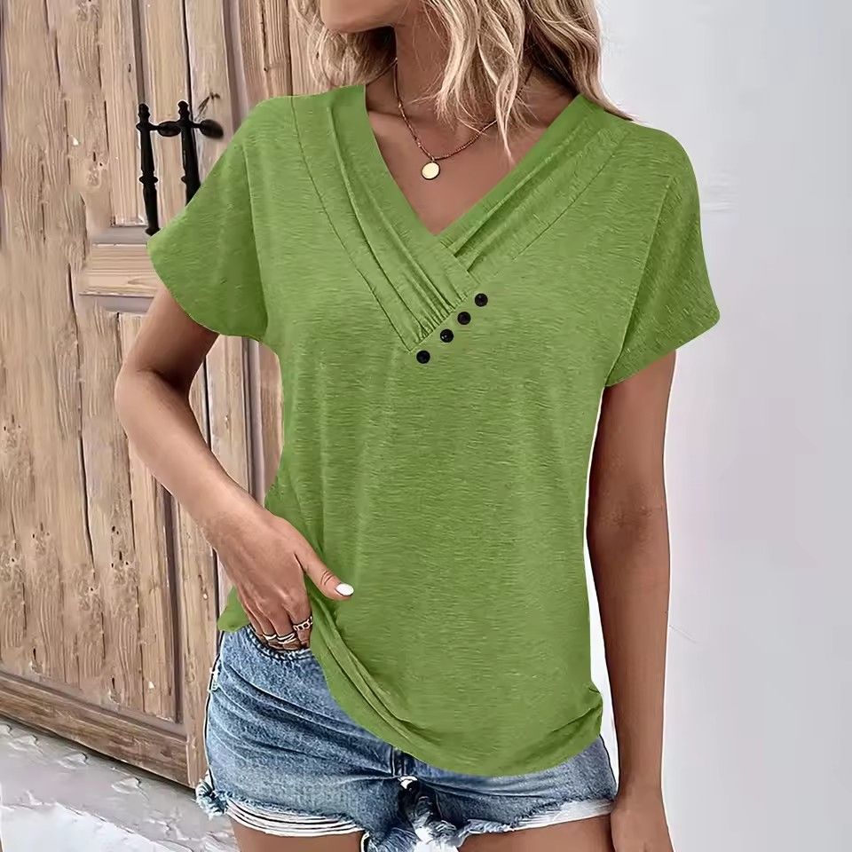 Fashion Women T Shirt Solid Color V Neck Short Sleeve Basic Tops Tee Streetwear Summer Oversized Clothing Female T-Shirts