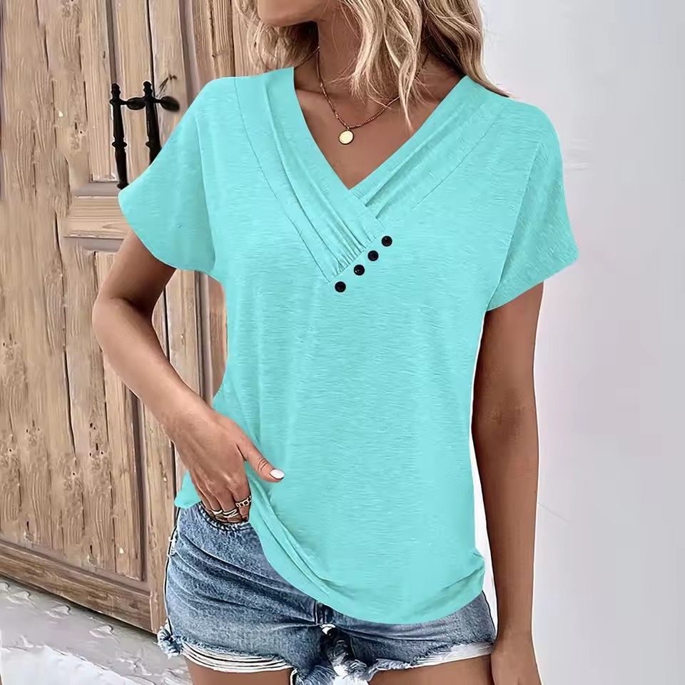 Fashion Women T Shirt Solid Color V Neck Short Sleeve Basic Tops Tee Streetwear Summer Oversized Clothing Female T-Shirts