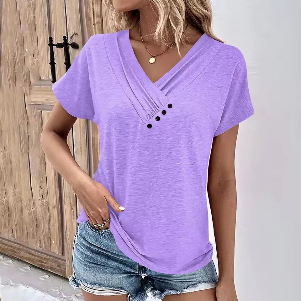 Fashion Women T Shirt Solid Color V Neck Short Sleeve Basic Tops Tee Streetwear Summer Oversized Clothing Female T-Shirts