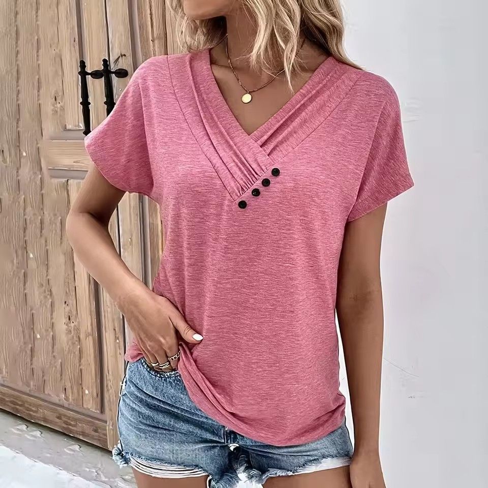 Fashion Women T Shirt Solid Color V Neck Short Sleeve Basic Tops Tee Streetwear Summer Oversized Clothing Female T-Shirts