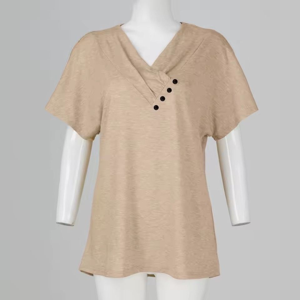 Fashion Women T Shirt Solid Color V Neck Short Sleeve Basic Tops Tee Streetwear Summer Oversized Clothing Female T-Shirts