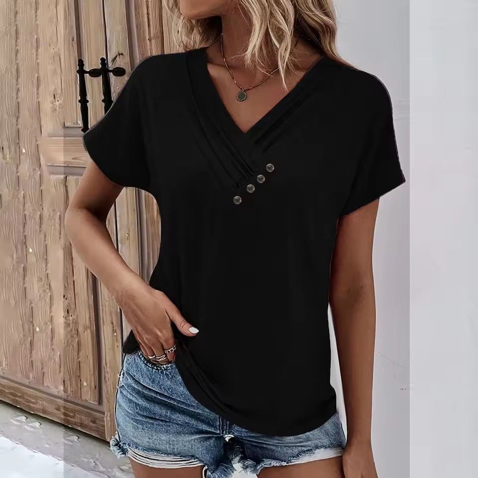 Fashion Women T Shirt Solid Color V Neck Short Sleeve Basic Tops Tee Streetwear Summer Oversized Clothing Female T-Shirts