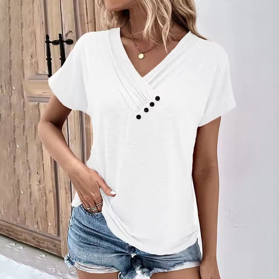 Fashion Women T Shirt Solid Color V Neck Short Sleeve Basic Tops Tee Streetwear Summer Oversized Clothing Female T-Shirts