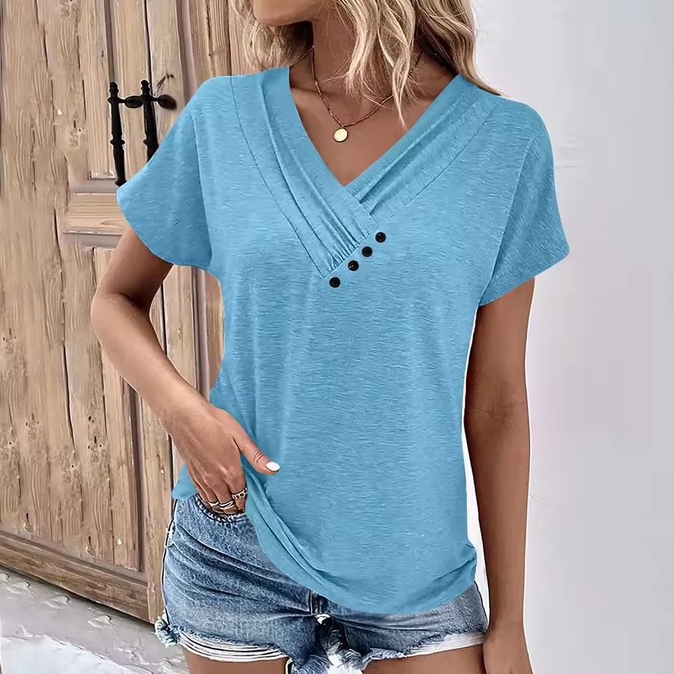 Fashion Women T Shirt Solid Color V Neck Short Sleeve Basic Tops Tee Streetwear Summer Oversized Clothing Female T-Shirts