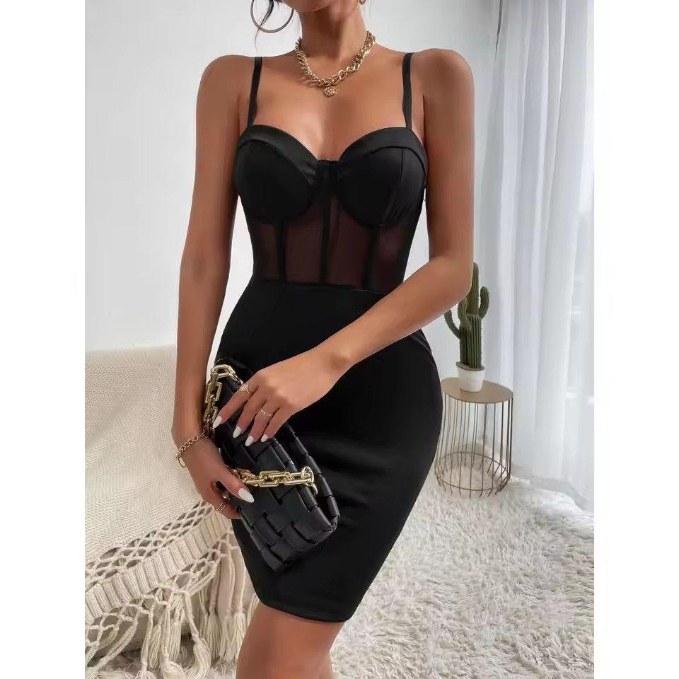Y2K Sexy Club Party Hollowing Mesh See Through Slim Dress,Women Nightclub Wear Fishbone Halter V Neck Sheer Package Hip Skirt