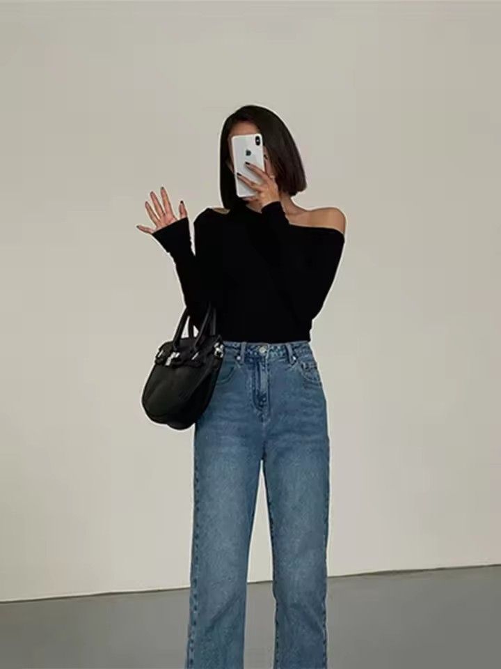 Fashion Skew Collar Off-shoulder Long-sleeved T-shirts Women Spring New Solid Slim Fit Crop Top Sexy Hollow Out Tees Shirts