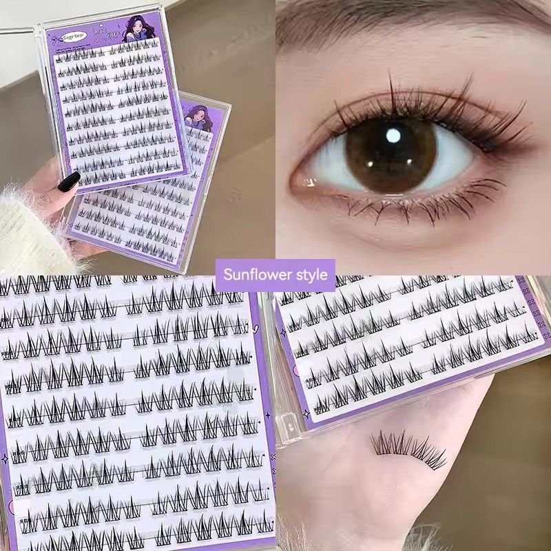 Gege Bear No-Glue False Eyelashes - Easy 3-Step Application, Natural Look, Perfect for Beginners with Sunflower Desig