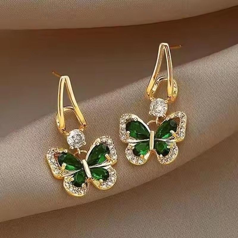 925 Silver Needle Vintage Green Crystal Butterfly Drop Earrings For Women Jewelry 2025 Trending Luxury Zircon Women's Earrings