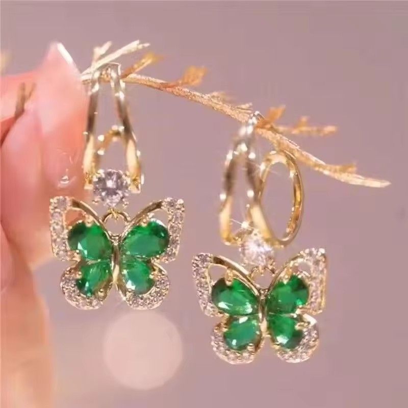 925 Silver Needle Vintage Green Crystal Butterfly Drop Earrings For Women Jewelry 2025 Trending Luxury Zircon Women's Earrings