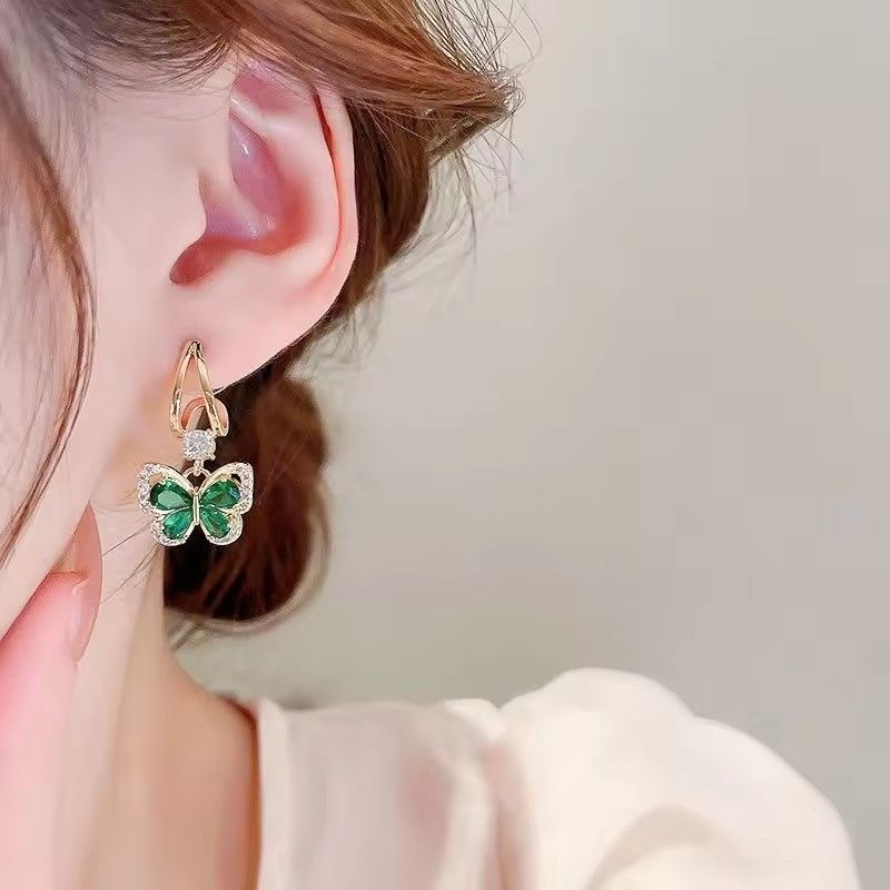 925 Silver Needle Vintage Green Crystal Butterfly Drop Earrings For Women Jewelry 2025 Trending Luxury Zircon Women's Earrings