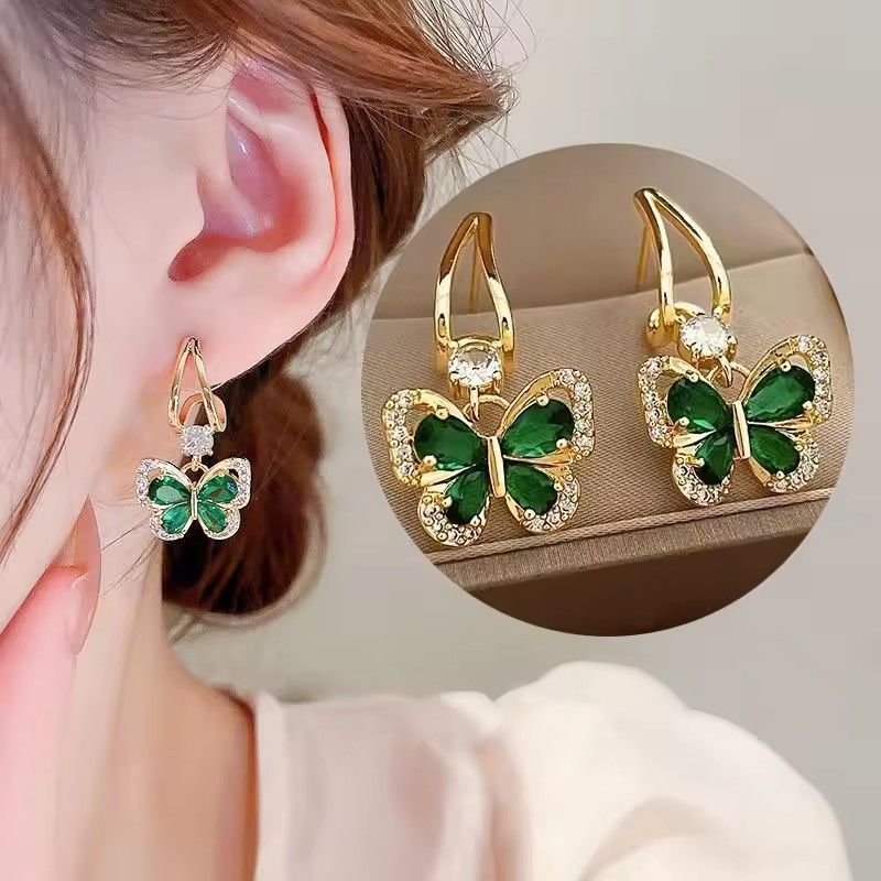 925 Silver Needle Vintage Green Crystal Butterfly Drop Earrings For Women Jewelry 2025 Trending Luxury Zircon Women's Earrings