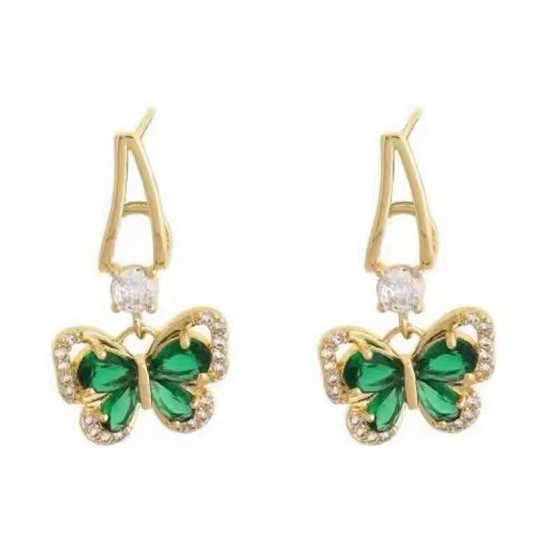 925 Silver Needle Vintage Green Crystal Butterfly Drop Earrings For Women Jewelry 2025 Trending Luxury Zircon Women's Earrings