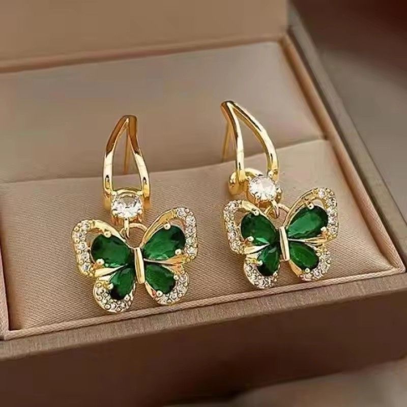 925 Silver Needle Vintage Green Crystal Butterfly Drop Earrings For Women Jewelry 2025 Trending Luxury Zircon Women's Earrings