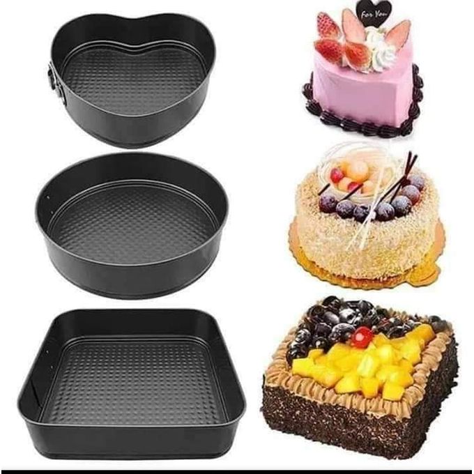 3Pcs Non Stick Cake Tray Mould Into Round, Heart, Square Set.
