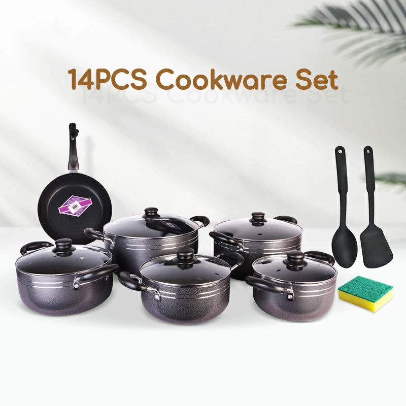 [ Special OFFER 🎉 OFFER🎉 ] ] TC 14Pcs Heavy Non-Stick Cooking Pot Sufuria Set.1x pan 2x silicone serving spoons 5 x cooking pots 5x lids 1x washing pad. Nonstick