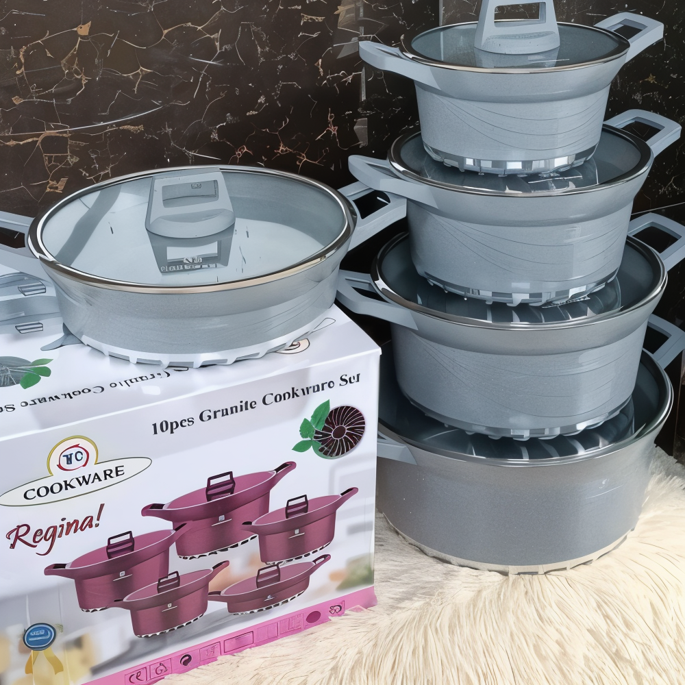 10 Piece Granite Nonstick Sufuria Set Heavy Duty Cooking Pots with Glass Vented Lids for Induction, Gas & Electric Stovetops Easy Clean