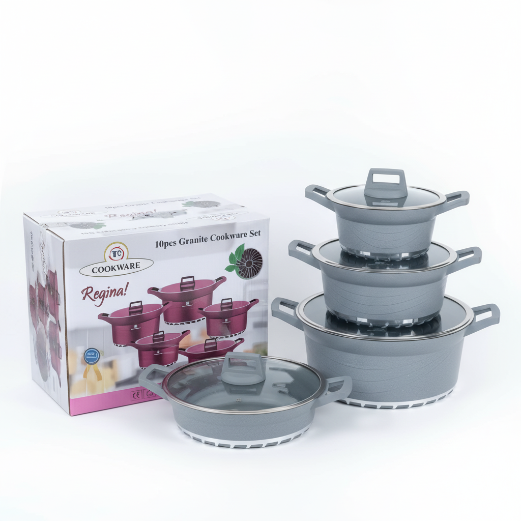 10 Piece Granite Nonstick Sufuria Set Heavy Duty Cooking Pots with Glass Vented Lids for Induction, Gas & Electric Stovetops Easy Clean