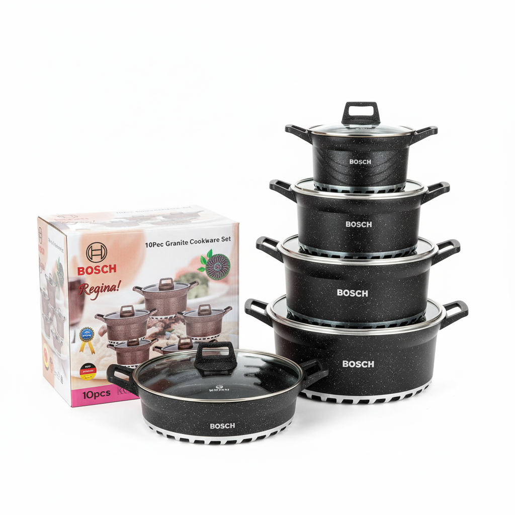 Bosch 10pcs Granite Nonstick Sufuria Cooking Pots Cookware Set | Heavy Duty Cooking Pots with Lids | Induction Safe Cookware Service Pots