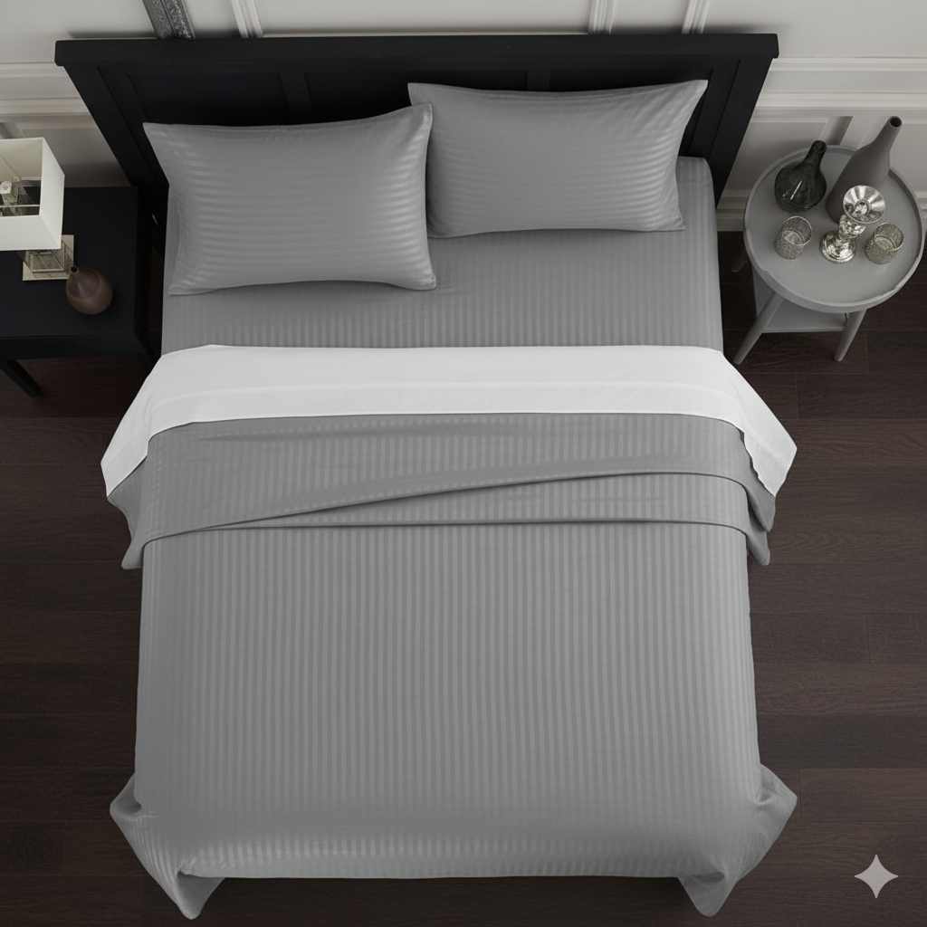 Cotton Bedsheets 4-Piece Set Grey - 2 Double Bedsheets & 2 Pillowcases - Soft 6x6 Striped Design - Premium Quality