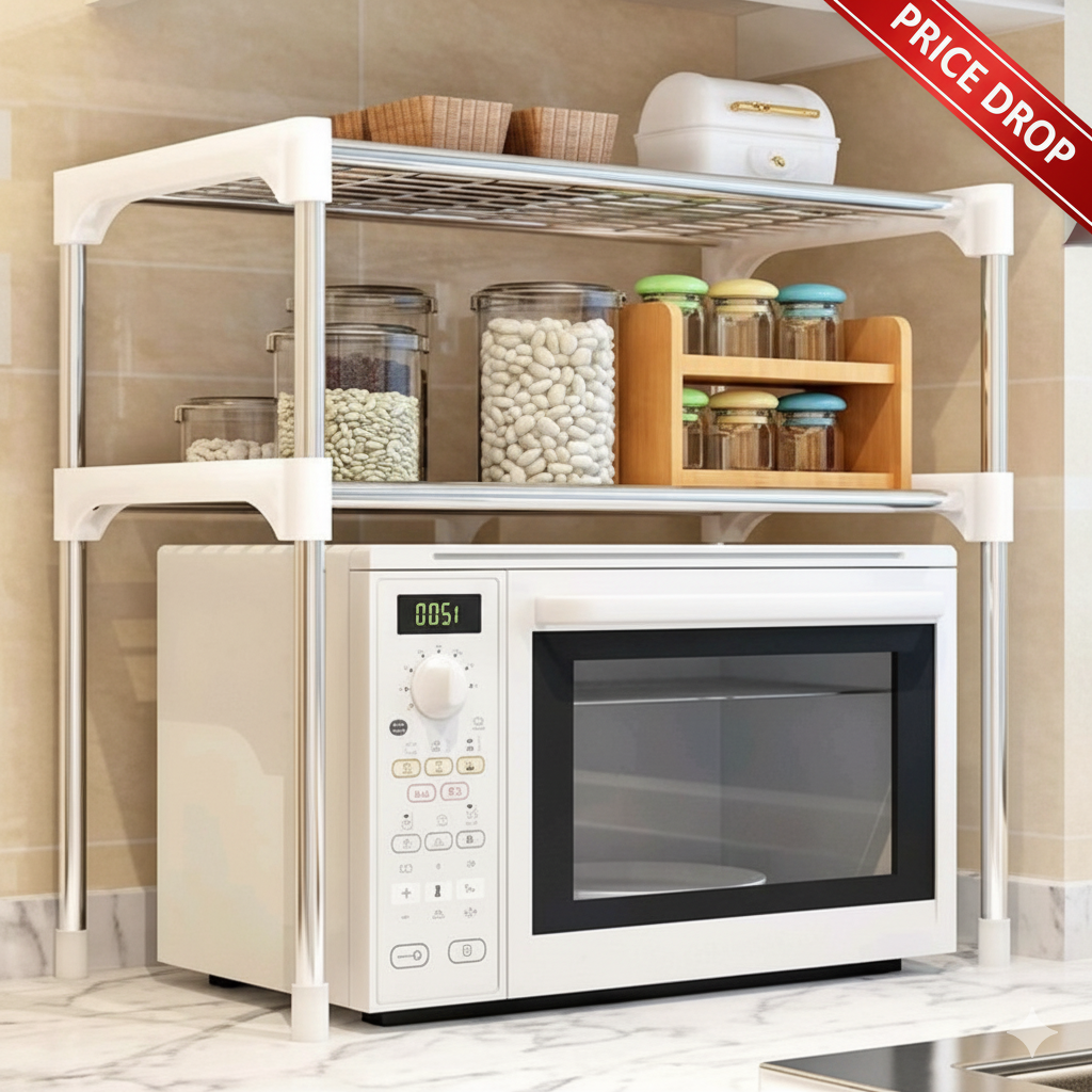Microwave Rack Stand 2 Layer Microwave Stand Rack Kitchen Countertop Organiser with Storage Shelf Space-Saving, Rust-Proof Metal for Over Fridge or Cabinet Use