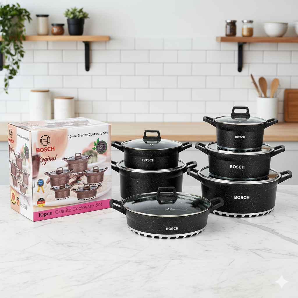 Bosch 10pcs Granite Nonstick Sufuria Cooking Pots Cookware Set | Heavy Duty Cooking Pots with Lids | Induction Safe Cookware Service Pots
