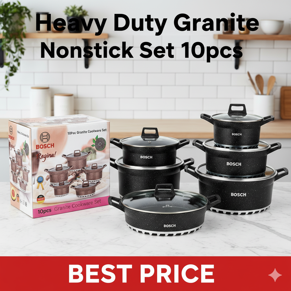 Bosch 10pcs Granite Nonstick Sufuria Cooking Pots Cookware Set | Heavy Duty Cooking Pots with Lids | Induction Safe Cookware Service Pots