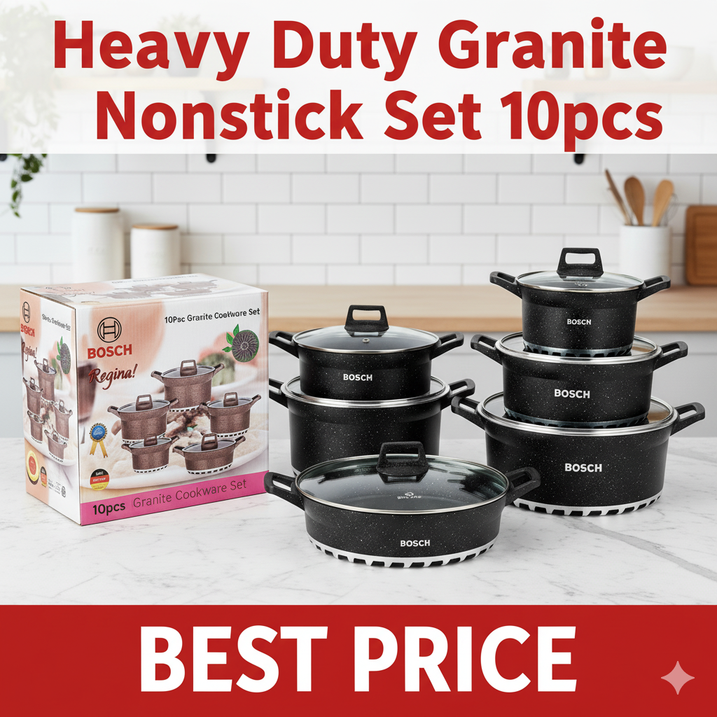 Bosch 10pcs Granite Nonstick Sufuria Cooking Pots Cookware Set | Heavy Duty Cooking Pots with Lids | Induction Safe Cookware Service Pots