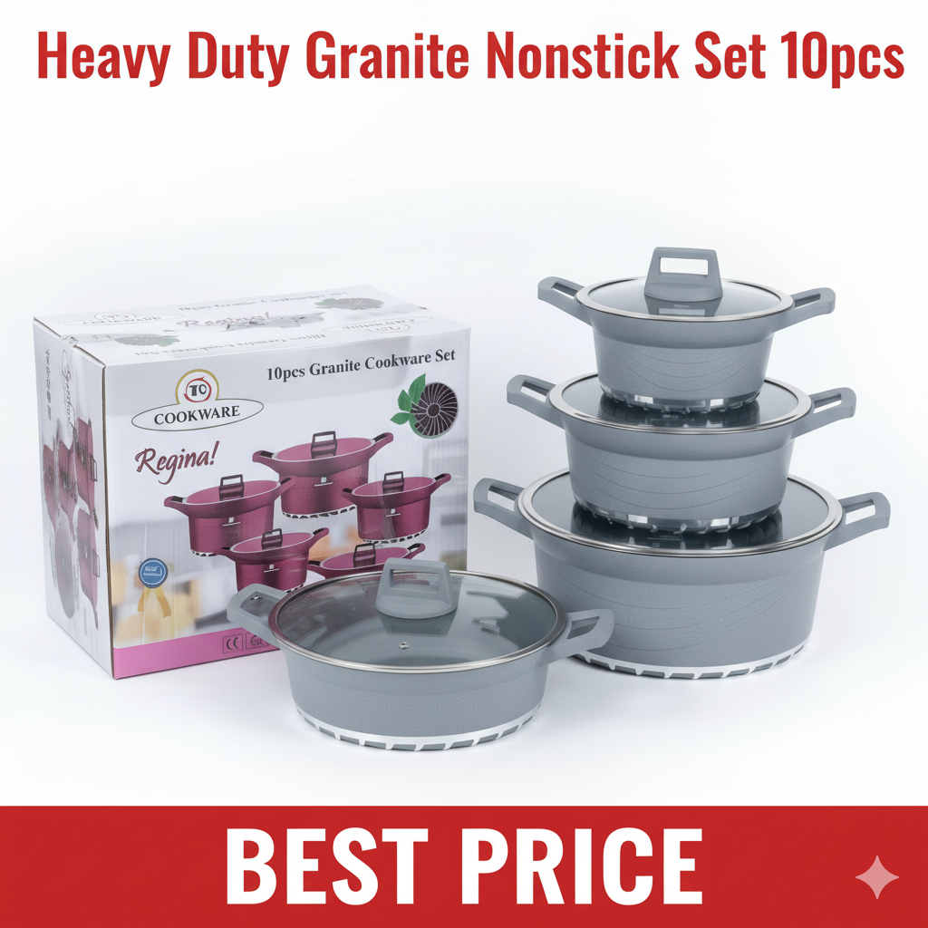 10 Piece Granite Nonstick Sufuria Set Heavy Duty Cooking Pots with Glass Vented Lids for Induction, Gas & Electric Stovetops Easy Clean