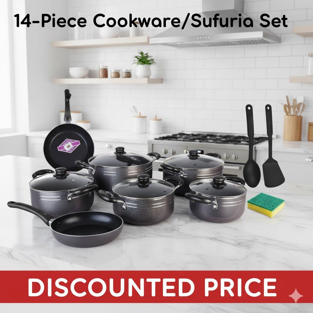 TC 14Pcs Heavy NonStick Cooking Pot Sufuria Set Cookware Set.1x pan 2x silicone serving spoons 5 x cooking pots 5x lids 1x washing pad. Nonstick
