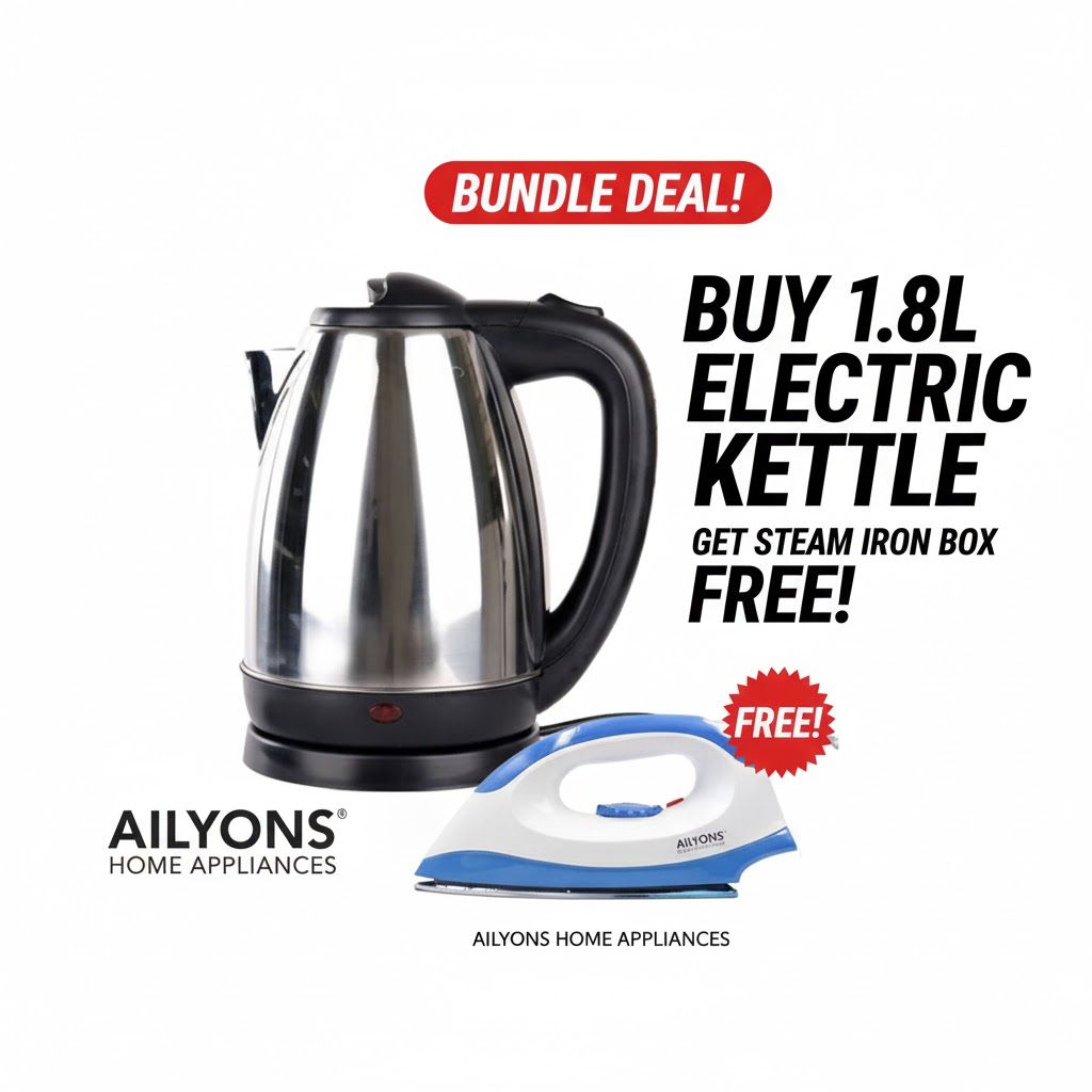AILYONS Electric Stainless Steel Kettle + FREE Dry Iron Box | Automatic Shut-Off Ironbox  & Fast Boiling Water heater Kettle | Home Appliance Bundle Offer Ironbox and Water heater Jug