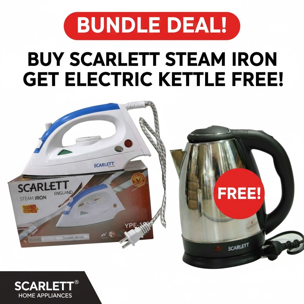 Scarlett Steam Iron Box + FREE 2L Automatic Electric Kettle | Home Appliance Combo Offer Ironbox Water Heater Jug  Fast Heating & Auto Shut-Off
