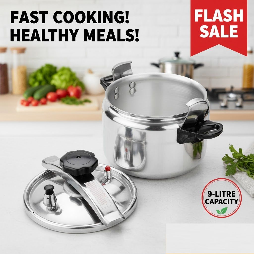 9 LITERS Pressure Cooker Sufuria Cookware Stainless Steel Pressure Cooker Sufuria 9L  - Explosion-Proof & Non-Explosive - Heavy Duty, Fast Cooking for Large Families & Catering