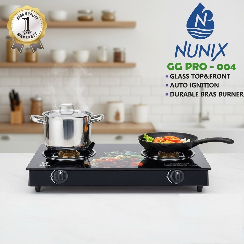 Nunix 2 Burner Table Top  Glass Top Gas Cooker Energy Saving Stove Perfect for Kitchens, Hostels, and Families.