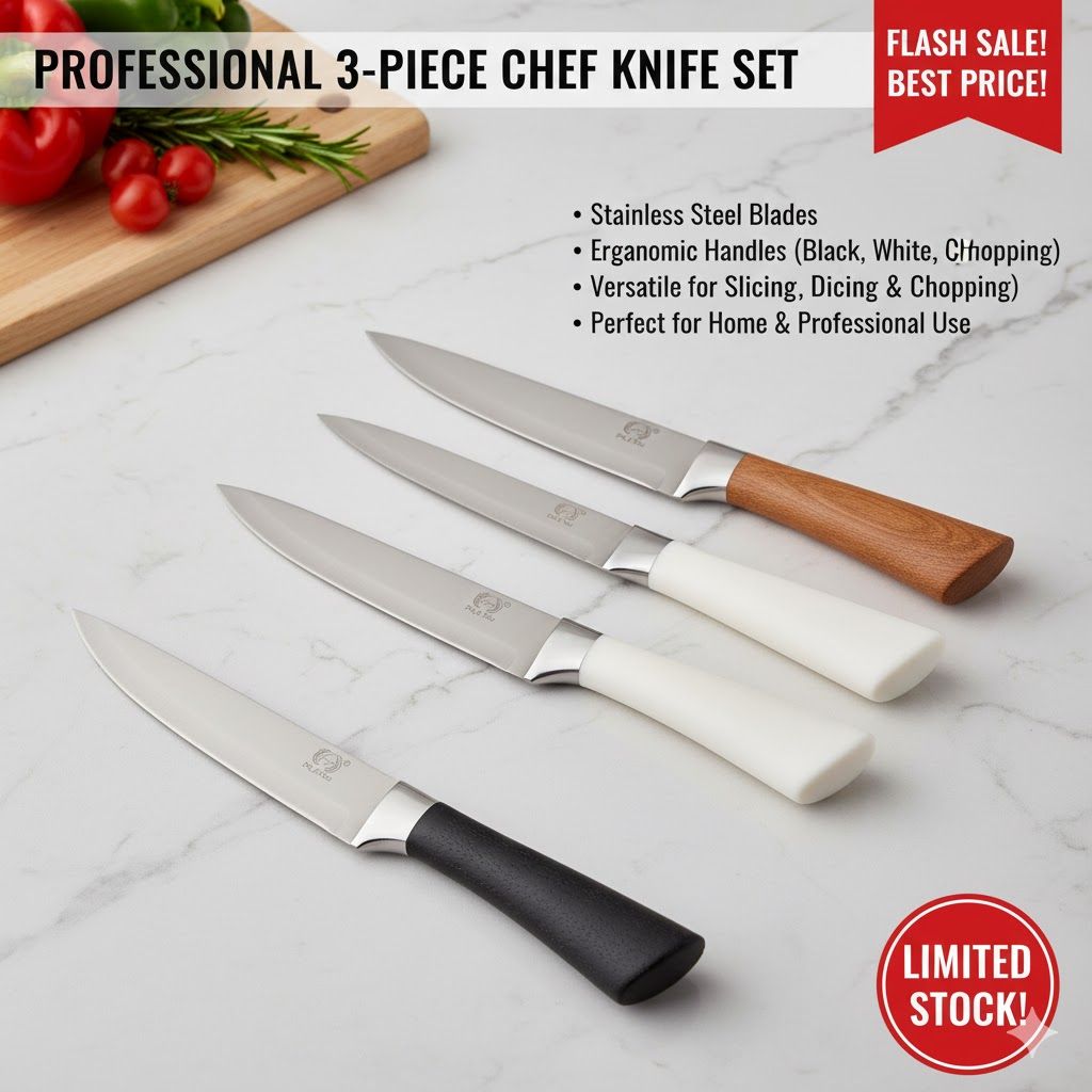 [OFFER ] 3 Pcs Stainless Steel Kitchen Knife Set - Chef, Utility, & Paring Knives Professional 3-Piece Knife Set