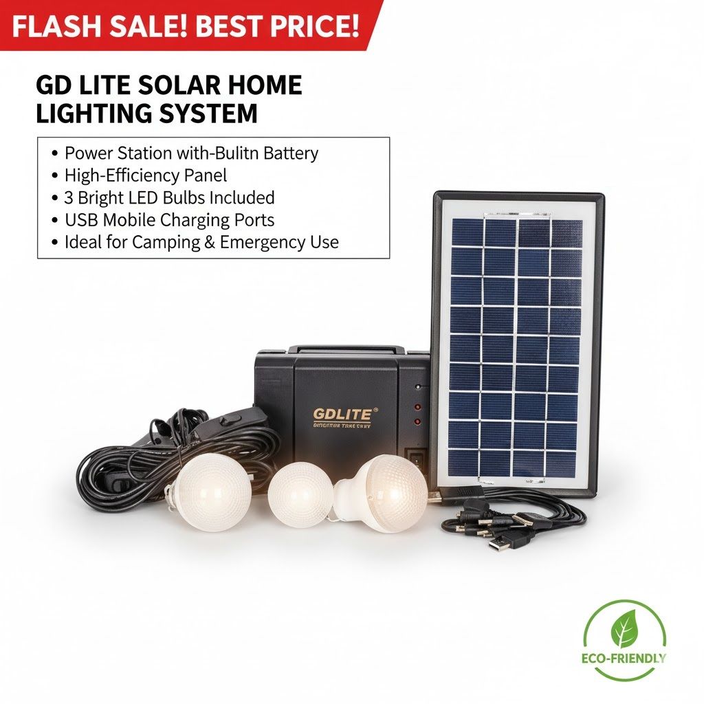 GD Lite Solar Panel Kit with 3 Bulbs & Phone Charger Rechargeable Solar Lighting System for Home & Outdoor Use