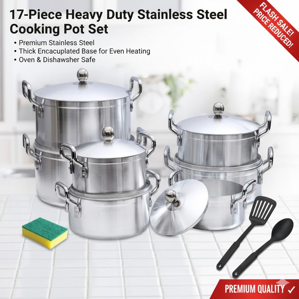 17 Pcs Cookware set Heavy Duty Sufuria Set Cooking Pots  Heavy Duty Stainless Steel Cooking Pot Sufuria Set 28cm,26cm,24cm,22,20,18,16cm