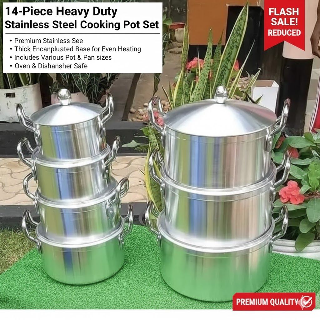 14pcs Cookware Set  Heavy Duty Cooking Pot Sufuria  Stainless Steel Cooking Pots with Lids | 28cm-16cm for Everyday Use