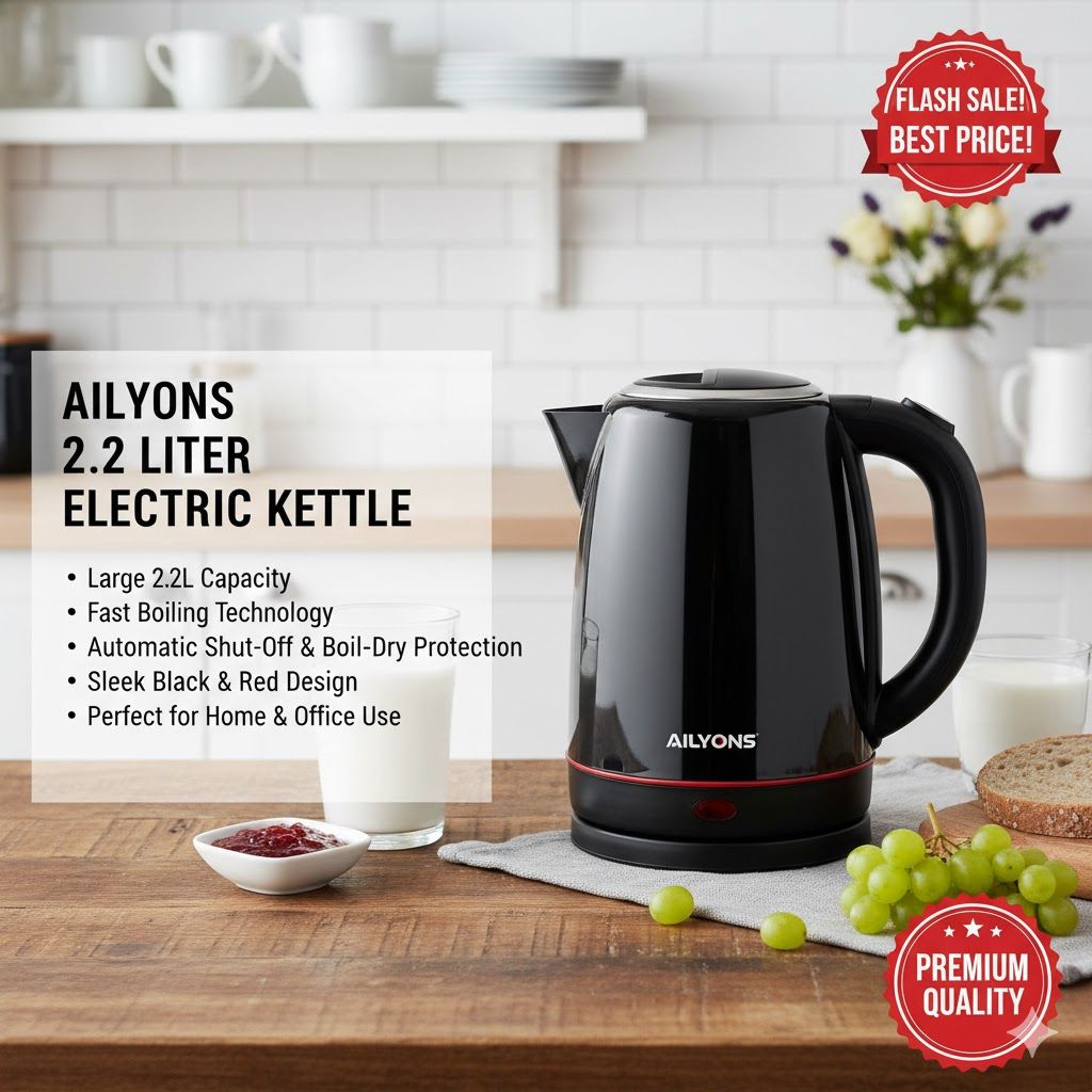 AILYONS 2.2 LITRES Electric Kettle Heater 1800W | Fast Boiling Water Heater Jug with S, Cordless & Auto Shut-Off Water Heater Kettle