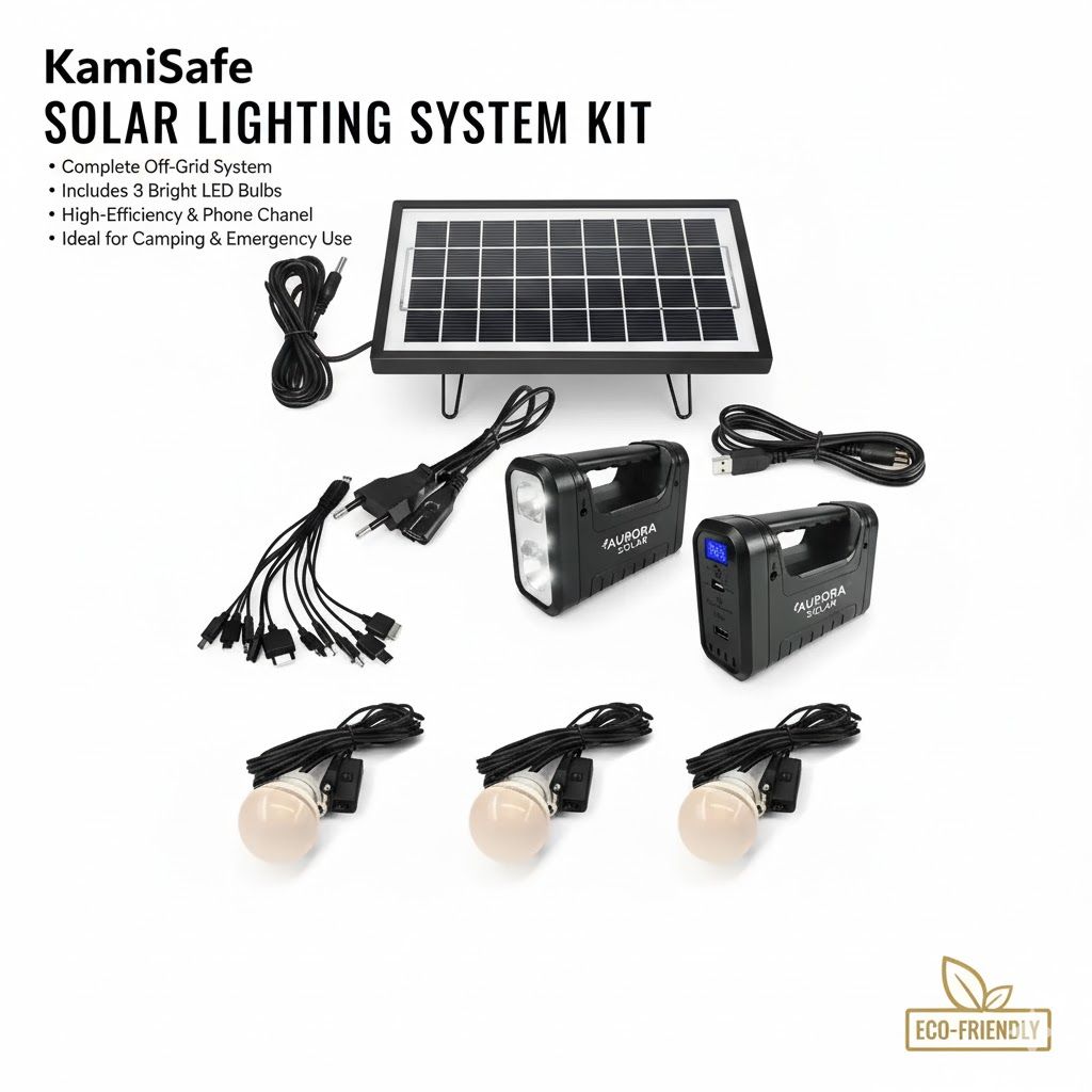 KamiSafe Solar Panel Kit Lighting System Kit with 3 LED Lights, Solar Panel, Power Cable & Phone Charger | Outdoor Solar Light for Garden, Pathway, Home & Emergency Use