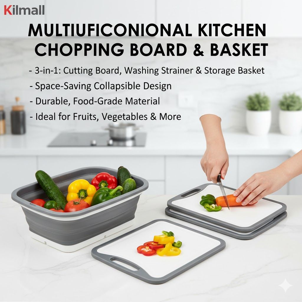 3-in-1 Collapsible Chopping Board with Strainer Basket & Drying Rack Space Saving Kitchen Organizer