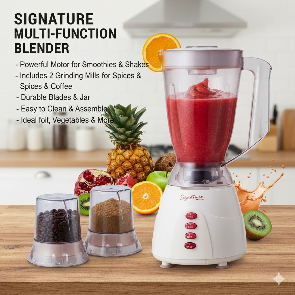 Signature 3-in-1 Blender with Grinder & Chopper | 1.5L Multi-Function Blender for Smoothies, Spices & Food Prep