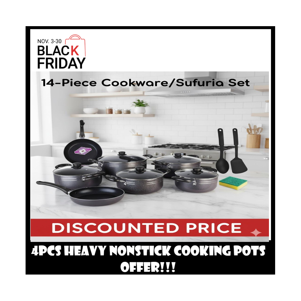 TC 14Pcs Heavy NonStick Cooking Pot Sufuria Set Cookware Set.1x pan 2x silicone serving spoons 5 x cooking pots 5x lids 1x washing pad. Nonstick