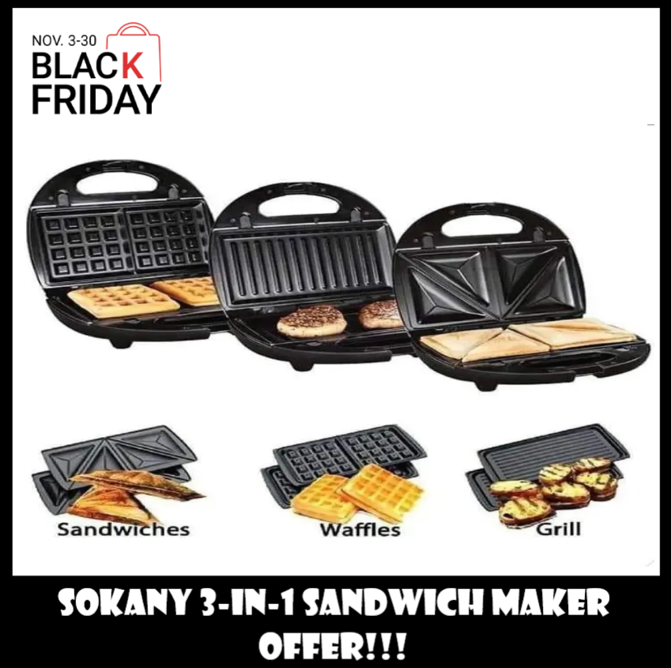 Sokany 3-in-1 Toaster Sandwich Maker, Waffle Maker & Electric Grill | Breakfast Sandwich Press, Waffle Iron & Panini Press All-in-One Machine
