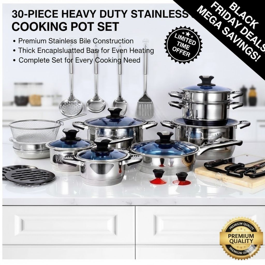 Marwa 30pcs Cookware Stainless Sufuria German Life  Cooking Pot Heavy Cookware Set Sufurias   Heavy Duty German Steel Cookware Pots with Lids