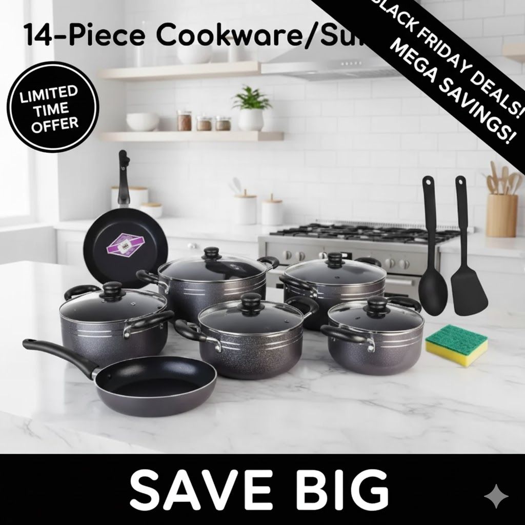 14-Piece Nonstick Sufuria Set - Heavy Duty Cooking Pots and Pans for Gas, Induction & Electric Stovetops